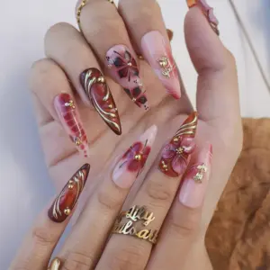 3d floral gold swirl red pink press on nails 4