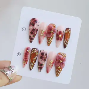 3d floral gold swirl red pink press on nails 5