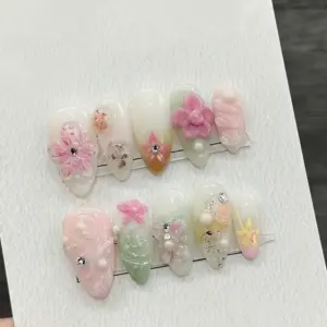 3d floral pearl press on nails sheer pink bridal spring 2