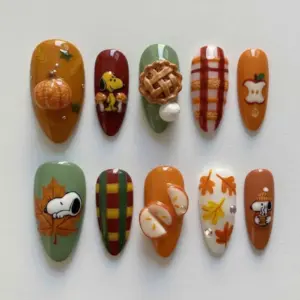 3D Thanksgiving Press On Nails | Fall Cartoon Pumpkin Pie Fake Nails | SE11