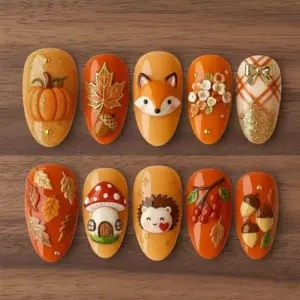 3D Woodland Fall Press On Nails | Fox Hedgehog Mushroom Fake Nails | SE13