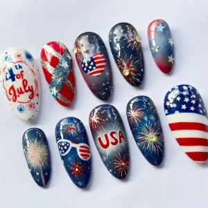 4th of July patriotic press on nails with USA flag fireworks and stars design
