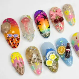 Aloha Beach Press On Nails 3D Dolphin Sunset Tropical Fake Nails 3