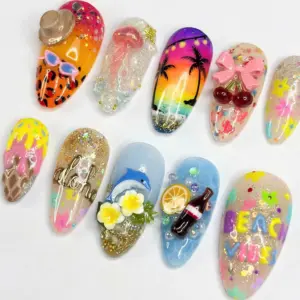 Aloha Beach Press On Nails 3D Dolphin Sunset Tropical Fake Nails 5
