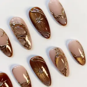 Amber Cat Eye Press On Nails 3D Gold Chrome Fall Nails 1