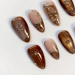 Amber Cat Eye Press On Nails 3D Gold Chrome Fall Nails 2
