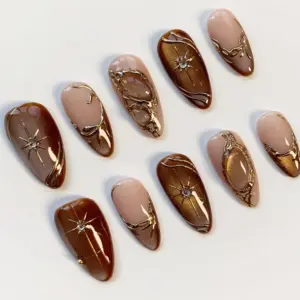 Amber Cat Eye Press On Nails 3D Gold Chrome Fall Nails 3