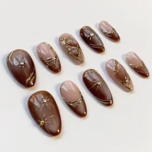 Amber Cat Eye Press On Nails 3D Gold Chrome Fall Nails 4