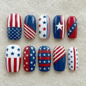 American flag stars and stripes press on nails in red white and navy blue for 4th of July Independence Day