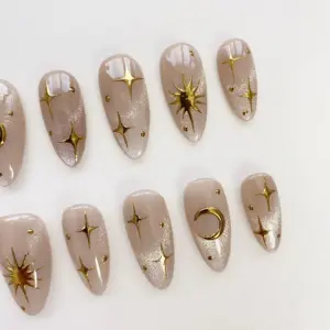 Aura Cat Eye Press On Nails Black Moon Star Fake Nails 1