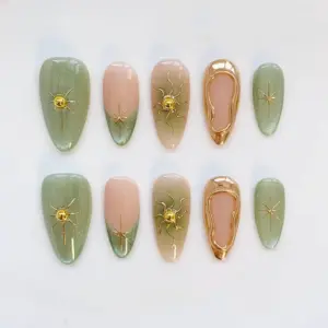 Aura Cat Eye Press On Nails Green Bling Glitter Nails 1