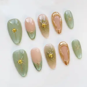 Aura cat eye green bling glitter sun star press on nails fake nails long almond