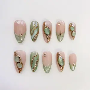 Aura green cat eye 3D gold chrome star press on nails fake nails