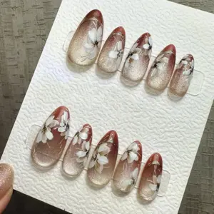 Autumn blossom cat eye reusable handmade press on nails fake nails shimmer