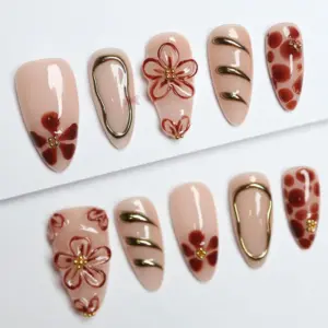 Autumn Floral 3D Press On Nails Gold Accent Luxury Fake Nails 1
