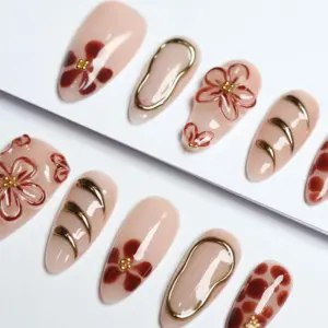 Autumn floral 3D gold accent luxury Y2K press on nails fake nails gel