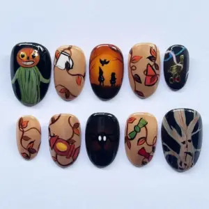Autumn Halloween Story Press On Nails caramel tan black fall leaves pumpkin silhouette