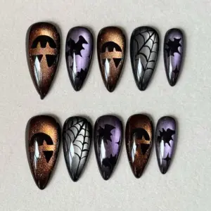 Bat Spider Web Chrome Press On Nails dark copper purple duochrome Halloween design