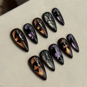Bat Spider Web Press On Nails Dark Chrome Halloween Fake Nails 2