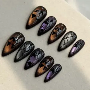Bat Spider Web Press On Nails Dark Chrome Halloween Fake Nails 3