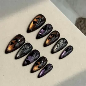 Bat Spider Web Press On Nails Dark Chrome Halloween Fake Nails 4