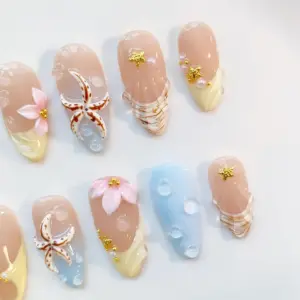 Beach Press On Nails 3D Starfish Shell Floral Summer Fake Nails 1