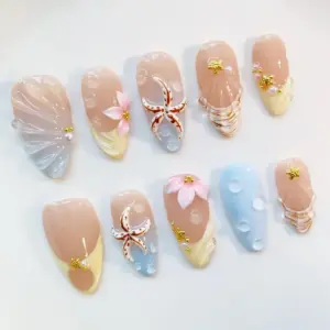 Beach Press On Nails 3D Starfish Shell Floral Summer Fake Nails 2