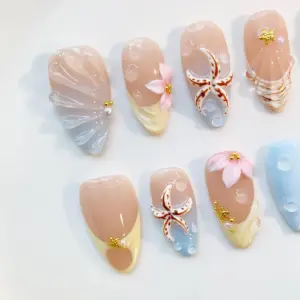 Beach Press On Nails 3D Starfish Shell Floral Summer Fake Nails 3