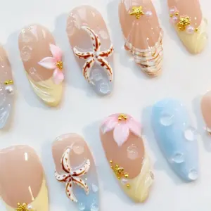 Beach Press On Nails 3D Starfish Shell Floral Summer Fake Nails 5