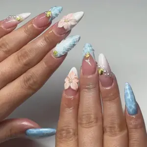 Beach Shell Press On Nails 3D Floral Pearl Ocean Summer Fake Nails 2