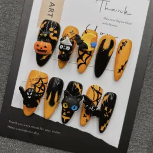 Black Cat Pumpkin 3D Press On Nails orange black Halloween witch cat bat design