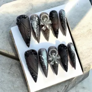 Black matte gothic press on nails with spider web art silver foil and 3D crystal flower rhinestone charm
