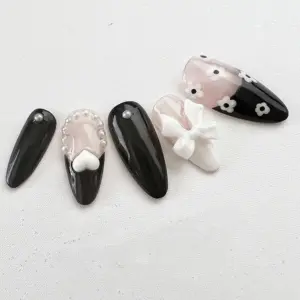 Black White Press On Nails Reusable Handmade Gel Fake Nails 1