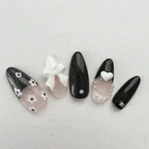 Black white reusable handmade gel press on nails fake nails monochrome