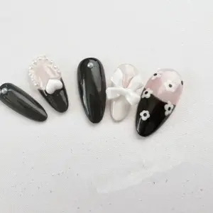 Black White Press On Nails Reusable Handmade Gel Fake Nails 5