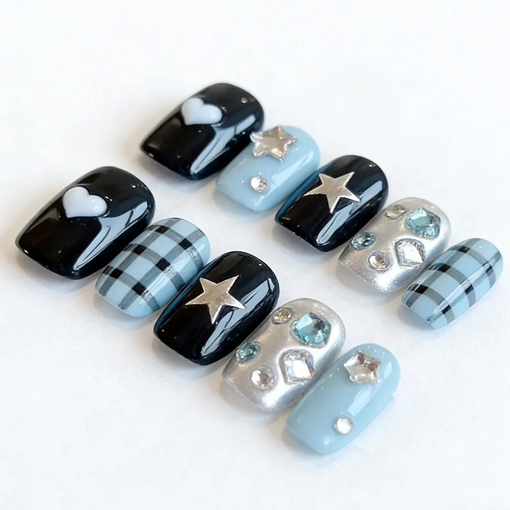 Blue Black Y2K Press On Nails Star Heart Plaid Fake Nails 1