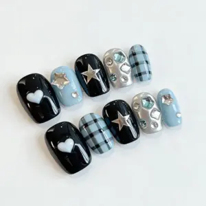 Blue Black Y2K Press On Nails Star Heart Plaid Fake Nails 2