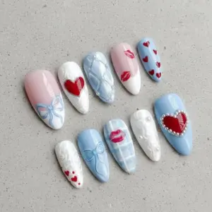 Blue Bow Kiss Heart Press On Nails Coquette Valentine Fake 1