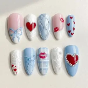 Baby blue and white coquette Valentine's Day press on nails with bow, pearl heart, red lips, lace texture and quilted 3D detail