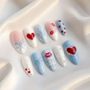 Blue Bow Kiss Heart Press On Nails Coquette Valentine Fake 3