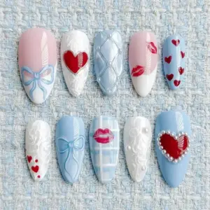 Blue Bow Kiss Heart Press On Nails Coquette Valentine Fake 4