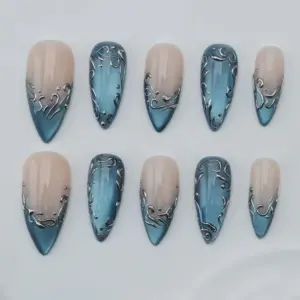 Blue Cat Eye Press On Nails Glitter Star Party Fake Nails 1