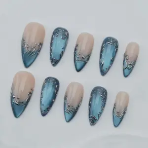 Blue cat eye glitter star party press on nails fake nails gel