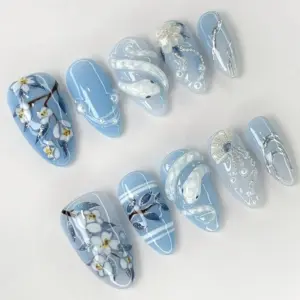 Blue Snake Blossom Press On Nails 3D Cherry Floral 1