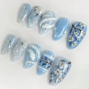 Blue Snake Blossom Press On Nails 3D Cherry Floral 3