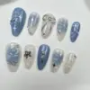 Blue Star 3D Floral Press On Nails | Handmade Y2K Fake Nails | ST062 10 Blue star 3D floral handmade Y2K long press on nails fake nails