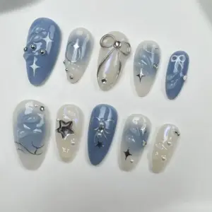 Blue star 3D floral handmade Y2K long press on nails fake nails