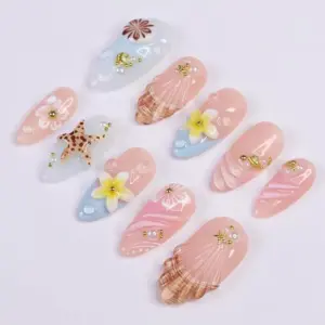 Blush Shell Press On Nails 3D Starfish Plumeria 1