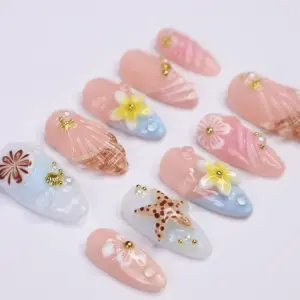 Blush Shell Press On Nails 3D Starfish Plumeria 4