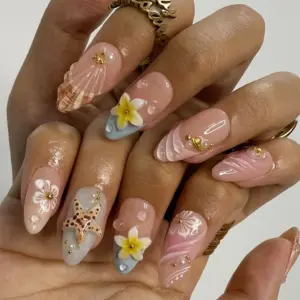 Blush Shell Press On Nails 3D Starfish Plumeria 5